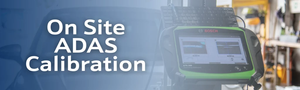 On Site ADAS Calibration text overlay with Bosch calibration equipment in Busselton workshop