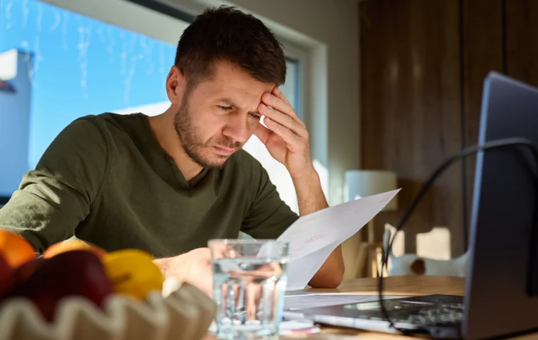 Man reviewing paperwork at a table looking concerned while reading insurance documents related to windscreen replacement.