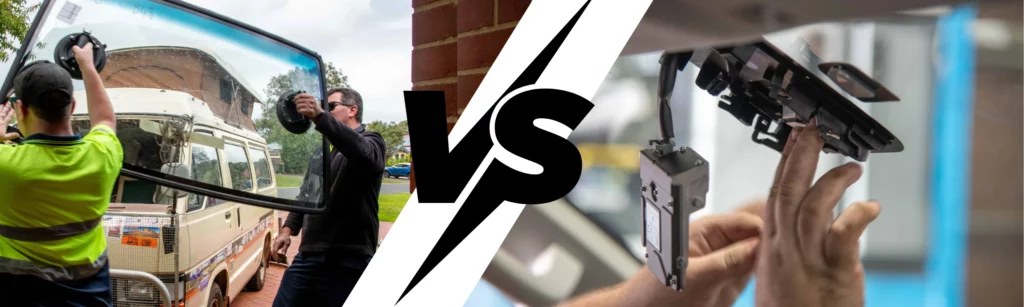 Split image showing standard windscreen installation on left and ADAS camera module on right with VS graphic comparing replacement types