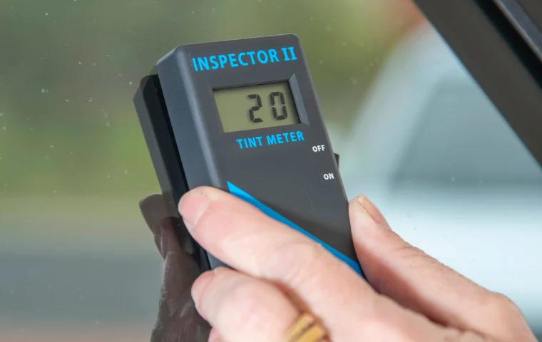 Tint meter device reading 20 percent VLT on vehicle window during compliance check in Busselton.