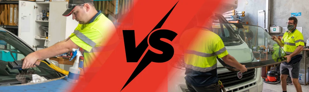 A split comparison graphic with a red 'VS' logo; the left shows a technician performing a stone chip repair and the right shows two technicians carefully carrying a new glass windscreen.