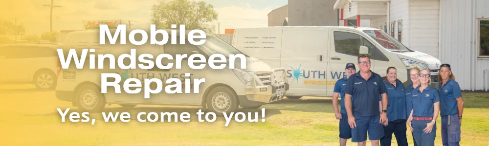 South West Windscreens & Tint team standing in front of their mobile service vans, with a caption saying "Mobile Windscreen Repairs - Yes, we come to you!"