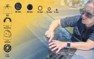Melissa using the Windscreen Chip Guide to measure various stone chip sizes and damage types on a vehicle windscreen in Busselton.