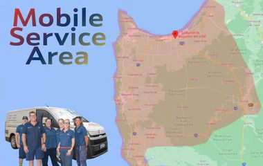 South West Windscreens & Tint mobile service area map showing coverage across South West WA, including Busselton, Margaret River, Augusta, Nannup, Collie and surrounding regions.