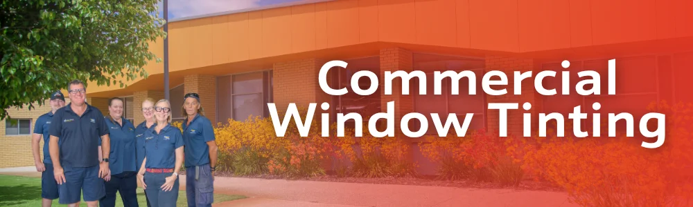Banner image showing the South West Windscreens & Tint team standing in front of a commercial building with a large text overlay that reads 'Commercial Window Tinting'.