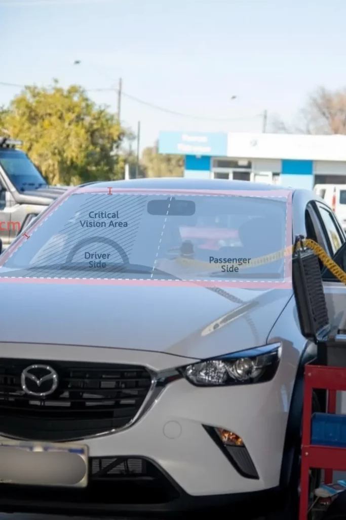 Diagram overlaid on a white Mazda CX-3 windscreen showing the Critical Vision Area marked with diagonal hatching on the driver side, with text labels identifying the Critical Vision Area, Driver Side, and Passenger Side zones, photographed at the South West Windscreens & Tint workshop in Busselton.